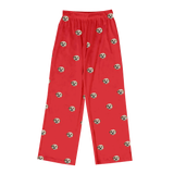 These are pajama pants in a red color with repeating pet faces on them[SolidRedPajamaPants($53.00)]