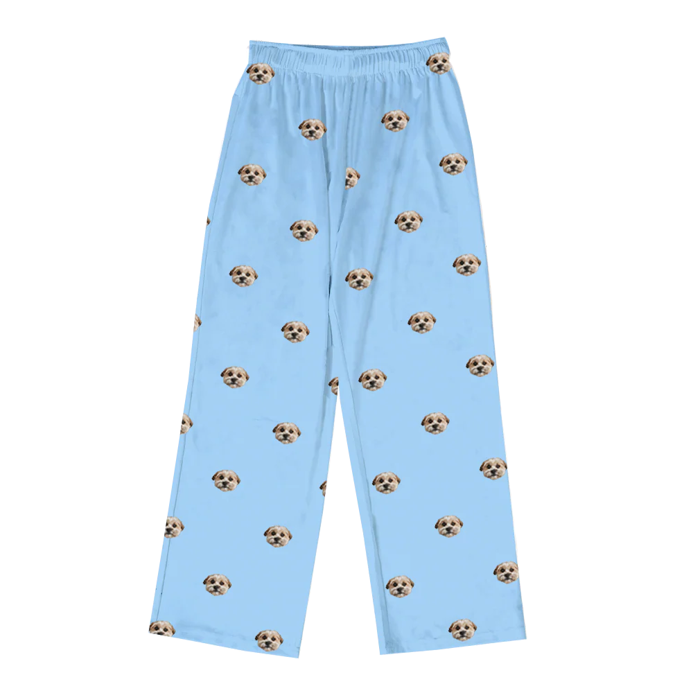These are pajama pants in a blue color with repeating pet faces on them[PajamaPants]