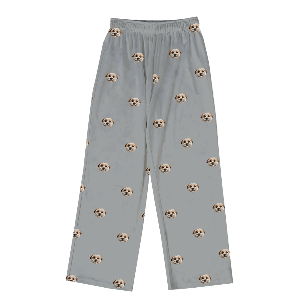 These are pajama pants in a gray color with repeating pet faces on them[PajamaPants($53.00)]