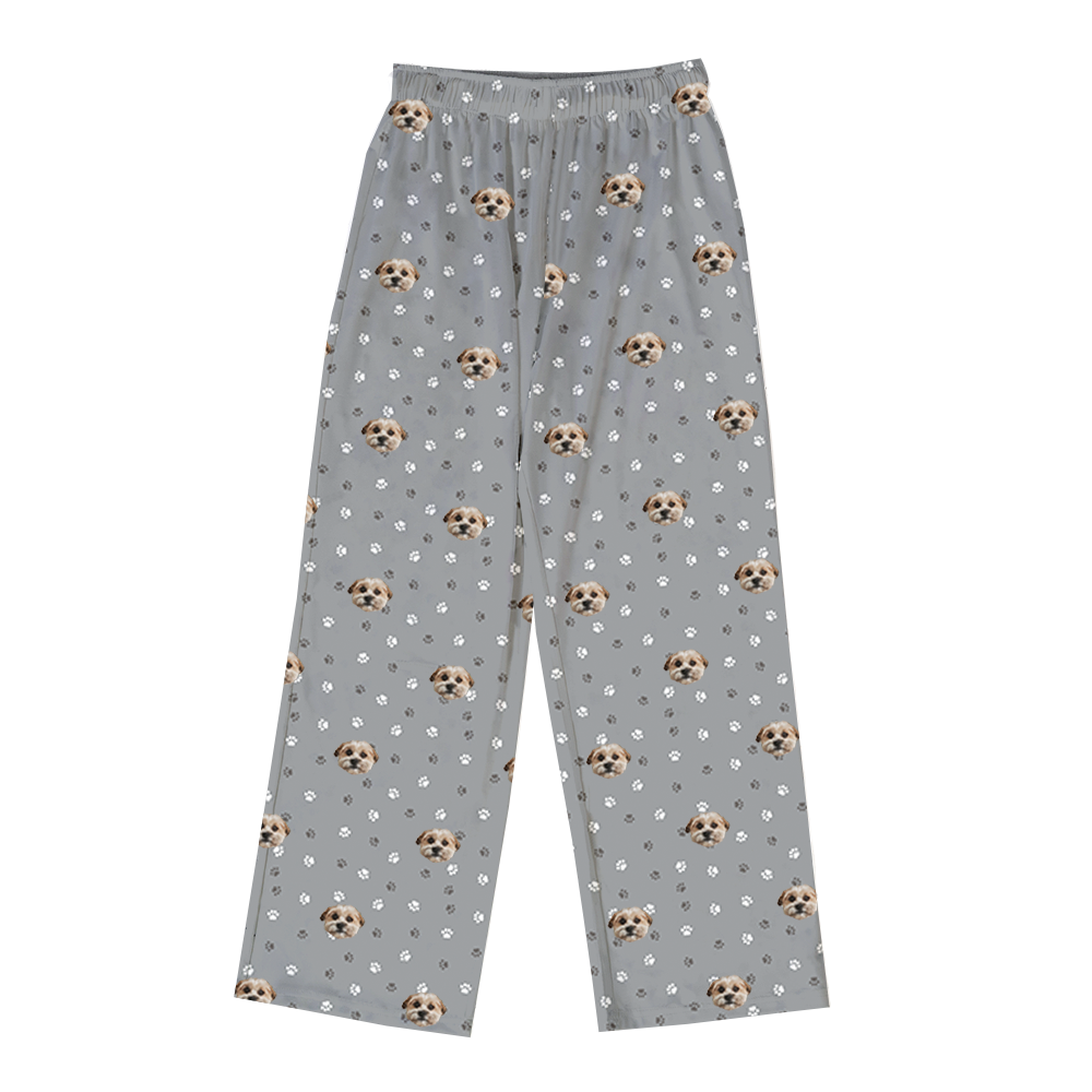 These are pajama pants in a gray color with repeating pet faces on them[PajamaPants]