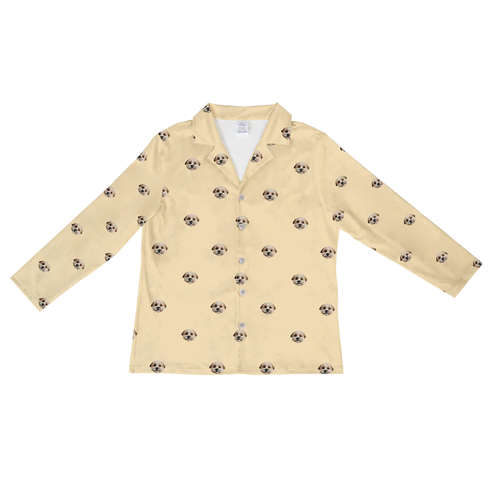 These are pajama long sleeve shirt in a yellow color with repeating pet faces on them[LongSleevePajamaShirt($53.00)]