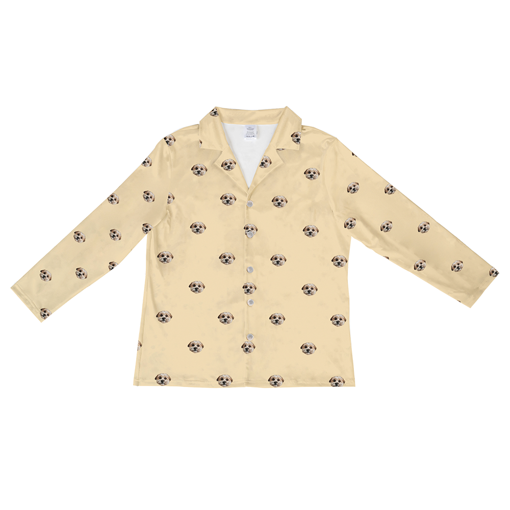 These are pajama long sleeve shirt in a butter yellow color with repeating pet faces on them[ButterYellowLongSleevePajamaShirt($53.00)]