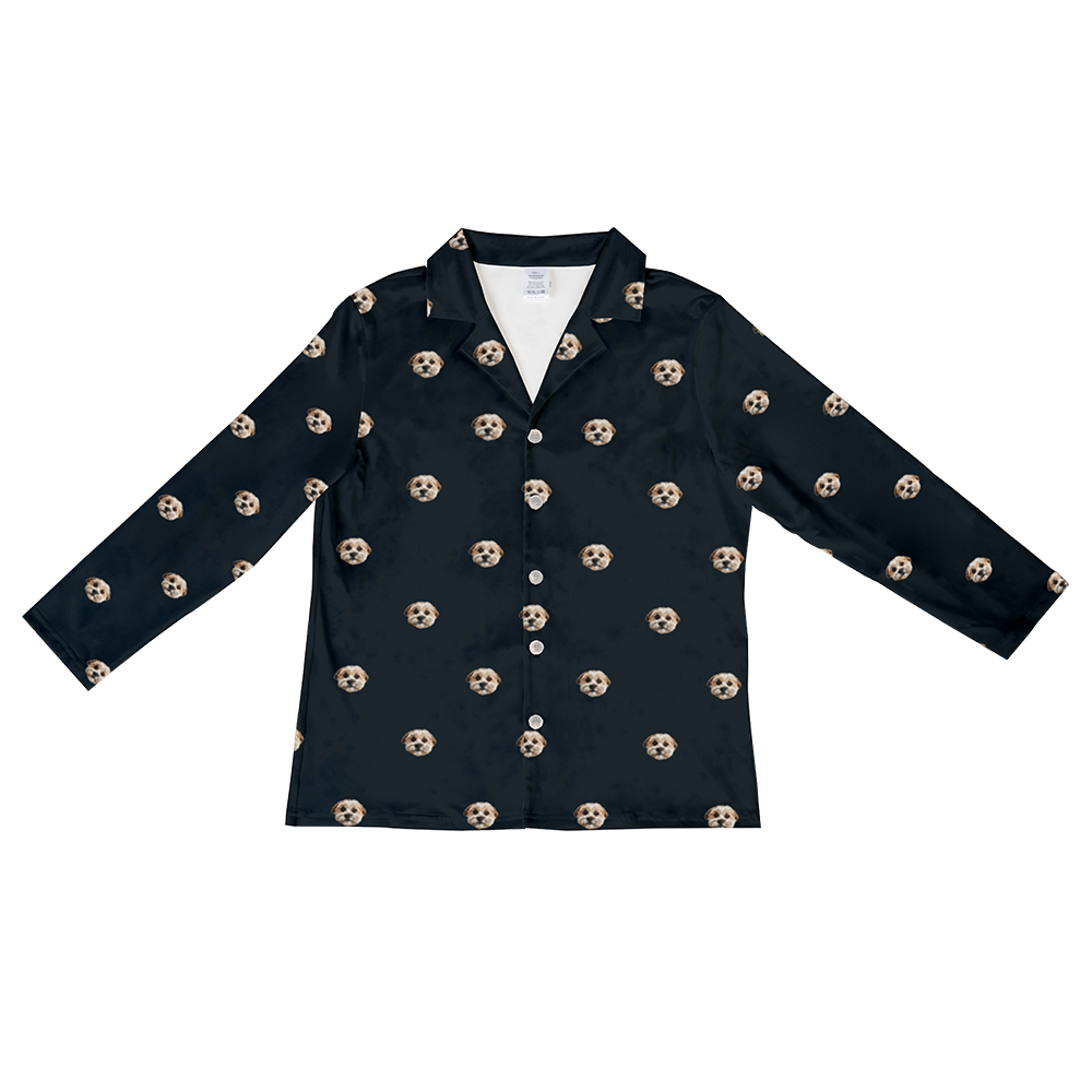 These are pajama long sleeve shirt in a black color with repeating pet faces on them[LongSleevePajamaShirt]