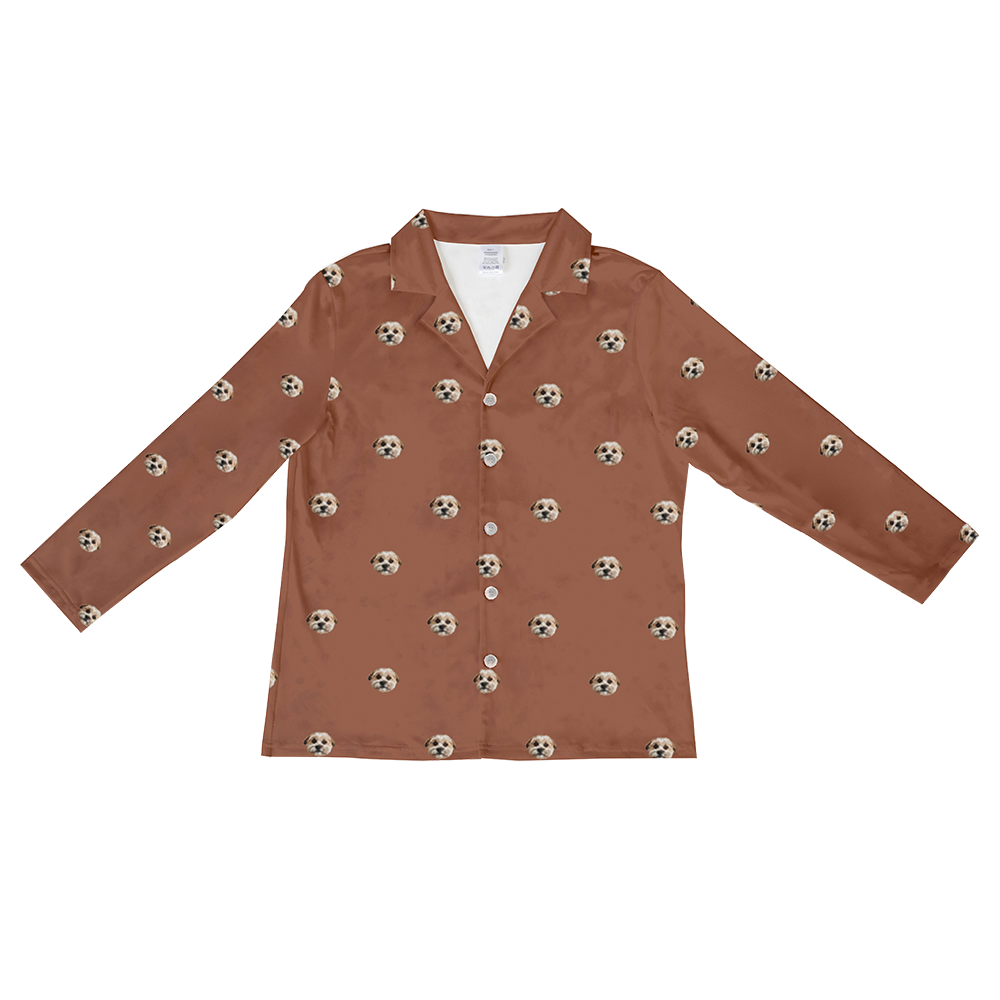 These are pajama long sleeve shirt in a cocoa color with repeating pet faces on them[CocoaLongSleevePajamaShirt($53.00)]