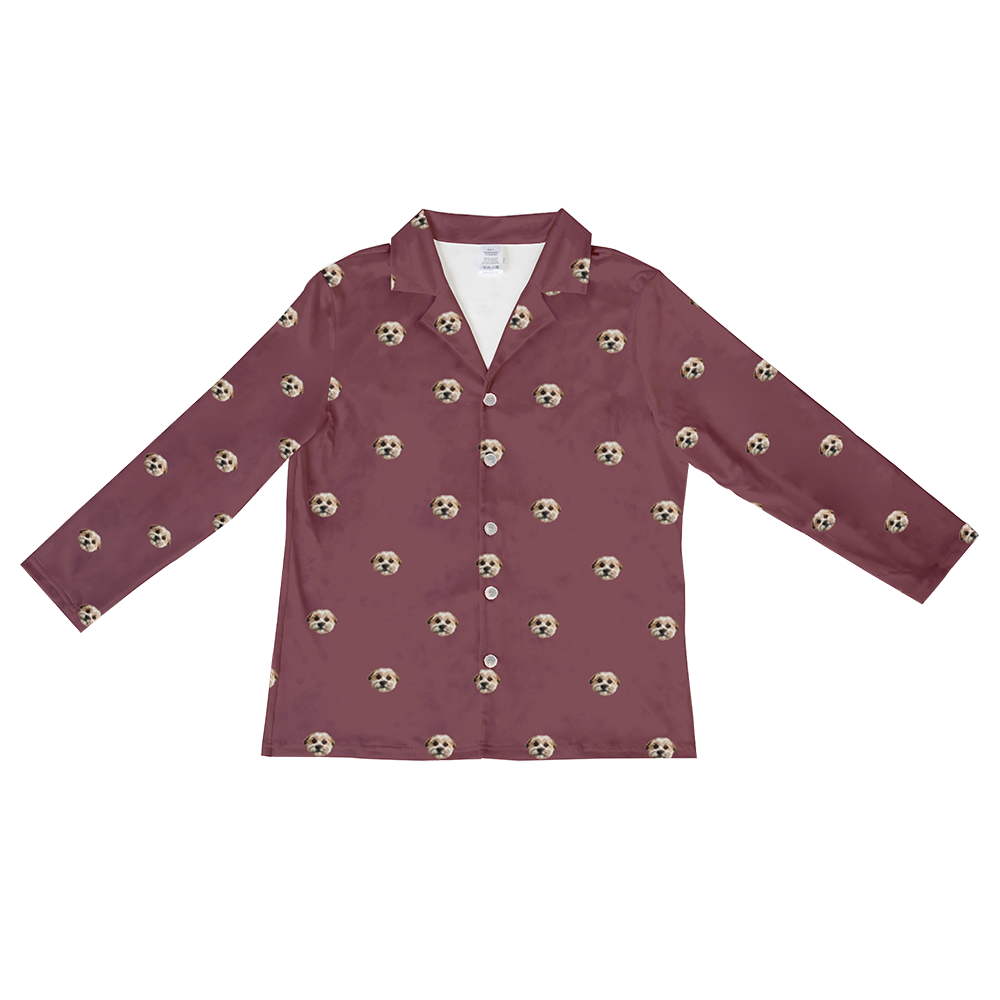 These are pajama long sleeve shirt in a maroon color with repeating pet faces on them[LongSleevePajamaShirt($53.00)]