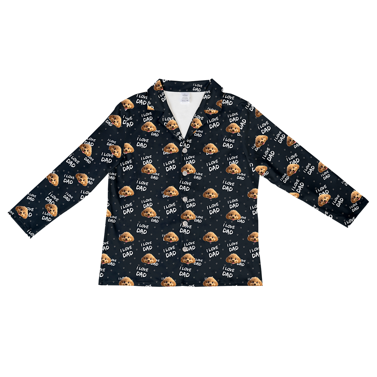 This is a cartoon long sleeve pajama shirt in a black color with repeating pet faces on them[LongSleevePajamaShirt]