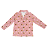 This is a cartoon long sleeve pajama shirt in a pink color with repeating pet faces on them[LongSleevePajamaShirt]