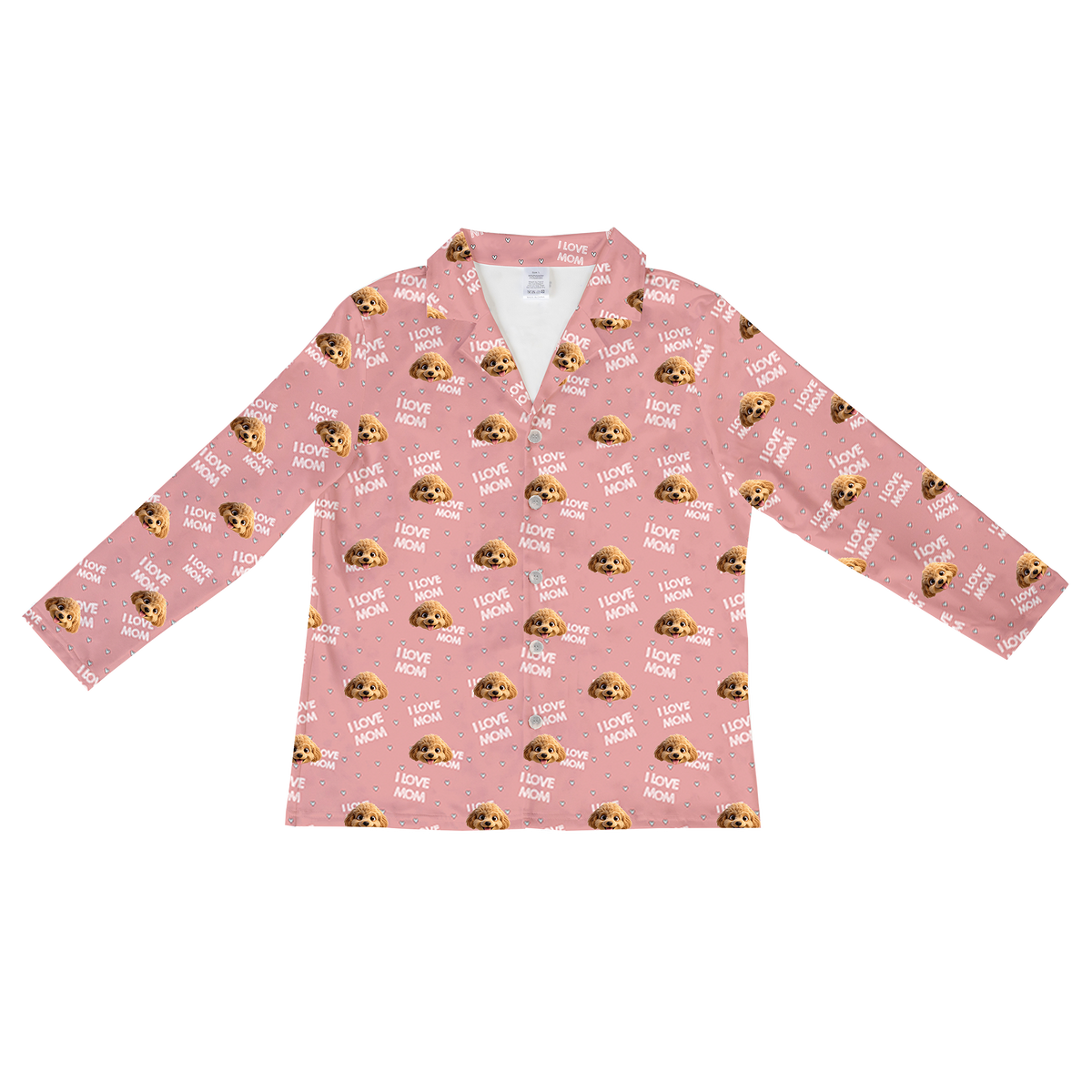 This is a cartoon long sleeve pajama shirt in a pink color with repeating pet faces on them[LongSleevePajamaShirt]