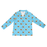 This is a cartoon long sleeve pajama shirt in a light blue color with repeating pet faces on them[LongSleevePajamaShirt]
