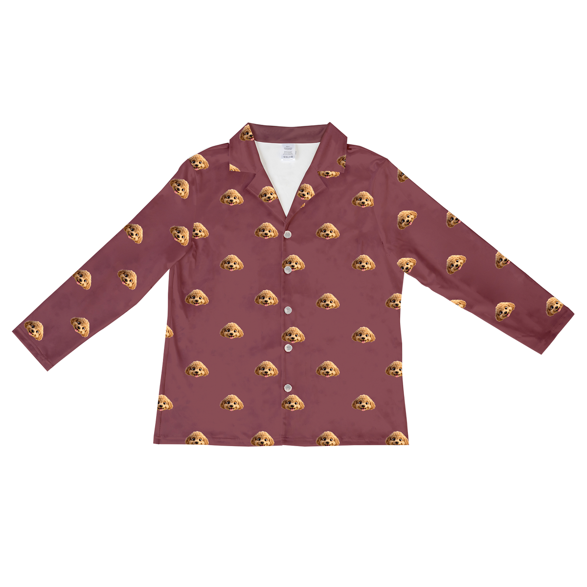 This is a cartoon long sleeve pajama shirt in a maroon color with repeating pet faces on them[LongSleevePajamaShirt]