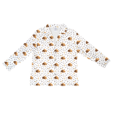 This is a cartoon long sleeve pajama shirt in a white color with repeating pet faces on them[LongSleevePajamaShirt]