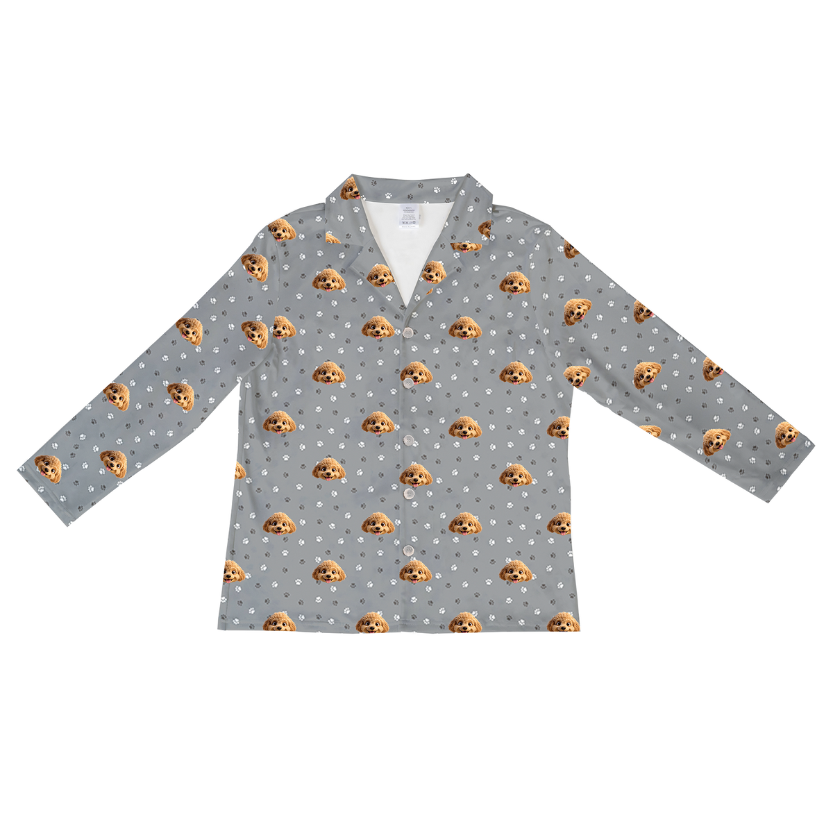 This is a cartoon long sleeve pajama shirt in a gray color with repeating pet faces on them[LongSleevePajamaShirt]
