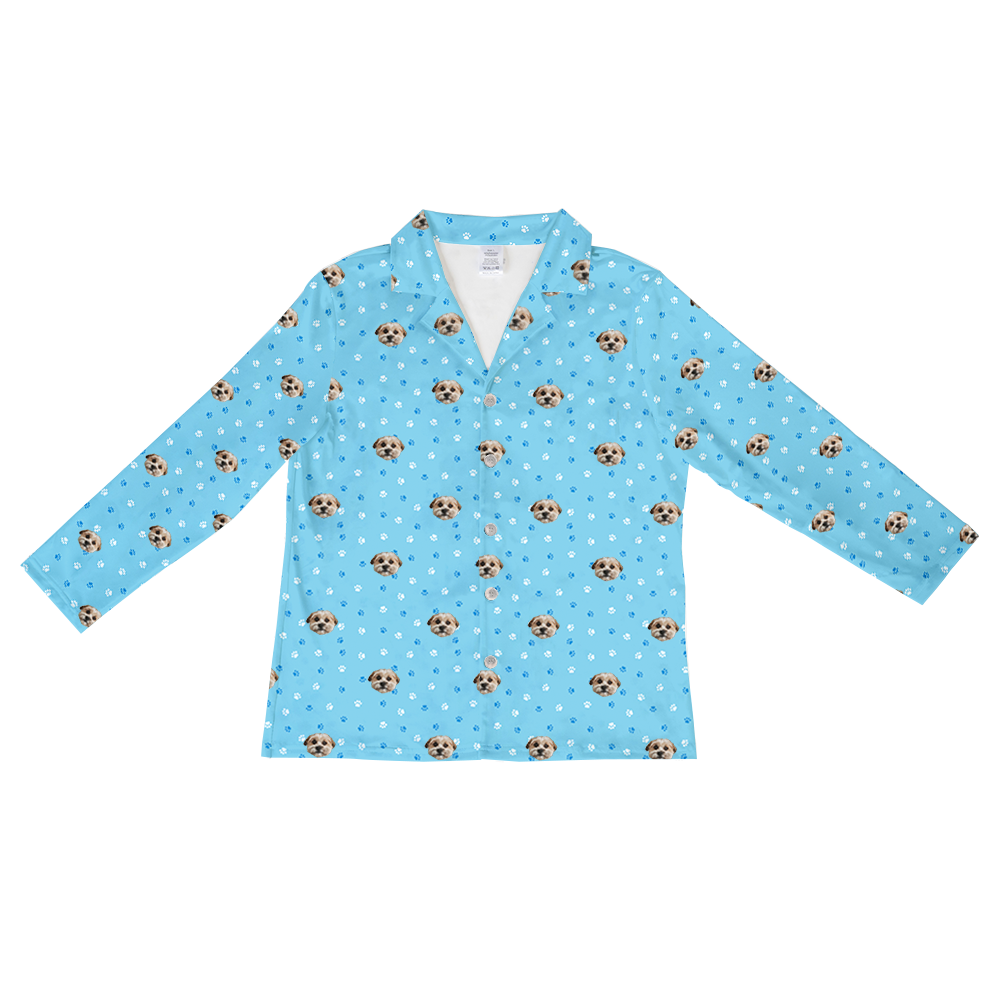 These are pajama long sleeve shirt in a blue color with repeating pet faces on them[LongSleevePajamaShirt]