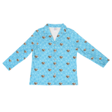 These are pajama long sleeve shirt in a blue color with repeating pet faces on them[LongSleevePajamaShirt($53.00)]