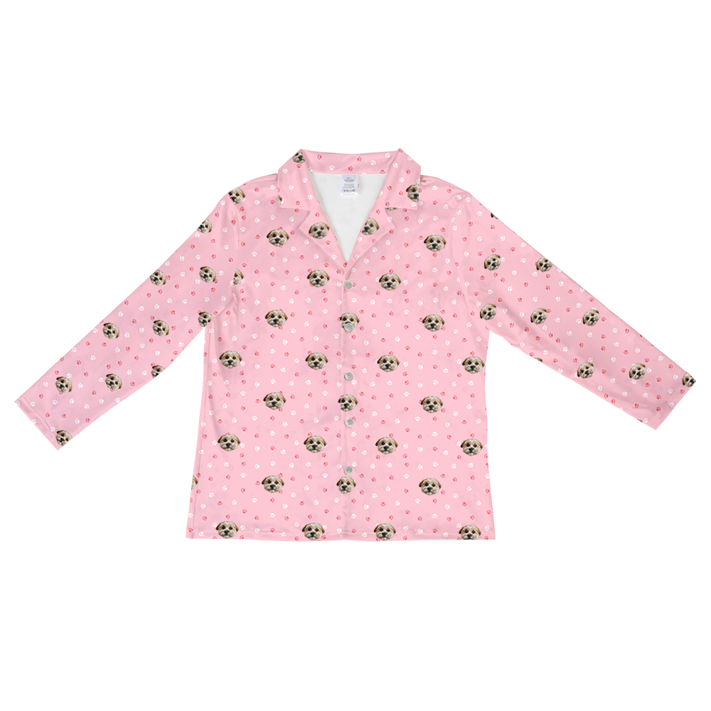 These are pajama long sleeve shirt in a pink color with repeating pet faces on them[LongSleevePajamaShirt($53.00)]