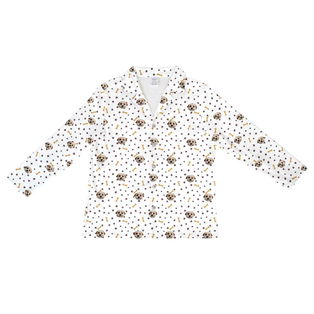 These are pajama long sleeve shirt in a white color with repeating pet faces on them[LongSleevePajamaShirt]
