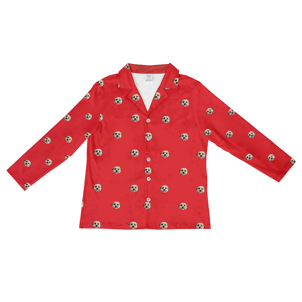 These are pajama long sleeve shirt in a red color with repeating pet faces on them[SolidRedLongSleevePajamaShirt($53.00)]