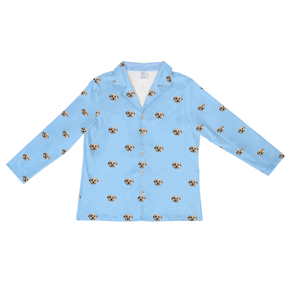 These are pajama long sleeve shirt in a blue color with repeating pet faces on them[LongSleevePajamaShirt($53.00)]