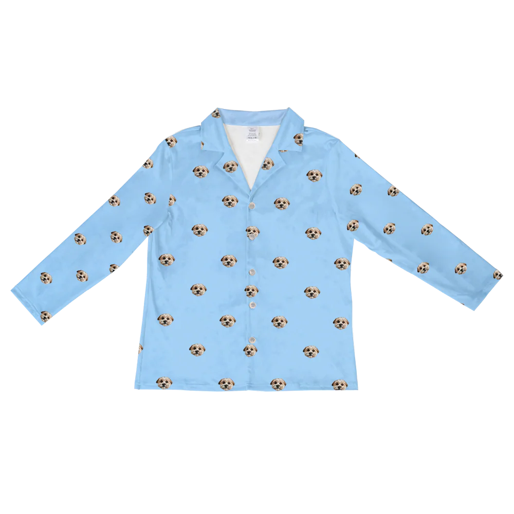 These are pajama long sleeve shirt in a blue color with repeating pet faces on them[LongSleevePajamaShirt]