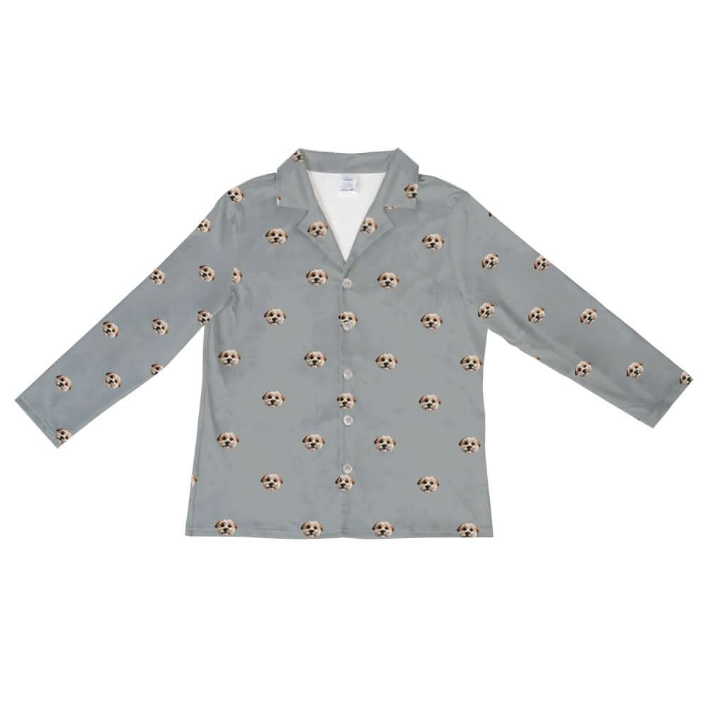These are pajama long sleeve shirt in a gray color with repeating pet faces on them[LongSleevePajamaShirt]