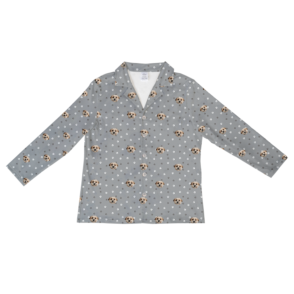 These are pajama long sleeve shirt in a gray color with repeating pet faces on them[LongSleevePajamaShirt($53.00)]