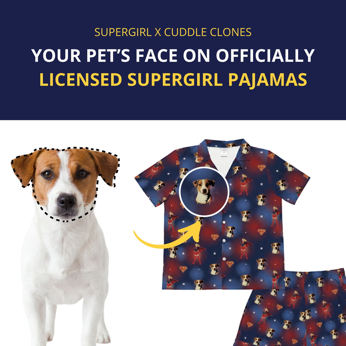 Supergirl-themed pajamas with a dog's face printed on them, featuring text about customization.