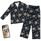 Pajama set with 'I Love Dad' and dog face pattern, displayed with a phone showing a dog photo.