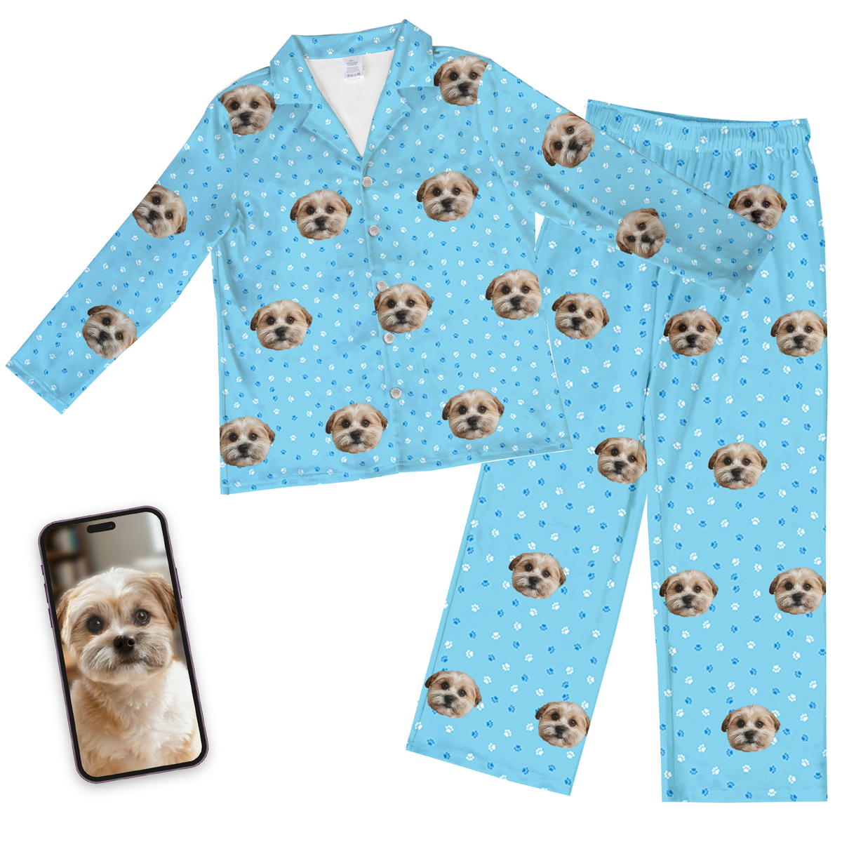 Kids Custom Pet Face Pajamas - Light Blue Paws