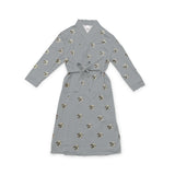 Gray robe with a waist tie and an all-over print of small dog faces, shown on a white background