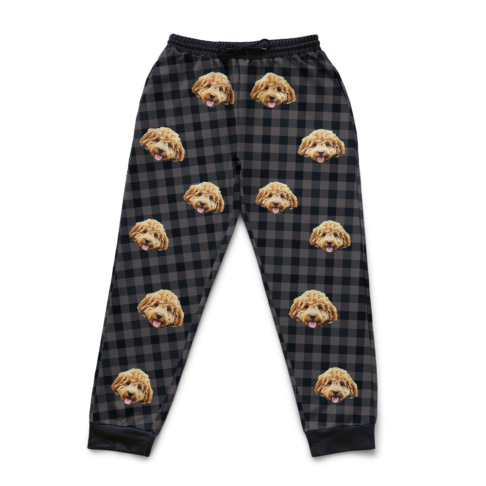 Plaid pajama pants with a dog face pattern on a white background[BlackCharcoalPlaid]
