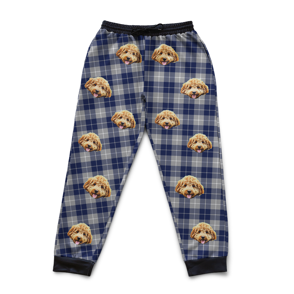 Navy and Gray plaid sweatpants with dog face pattern on a white background[Navy&GrayPlaid]