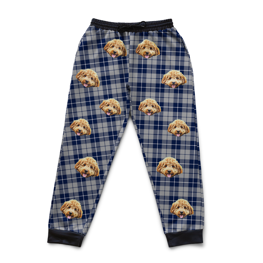 Silver and Gray plaid sweatpants with dog face pattern on a white background[Silver&NavyPlaid]