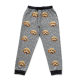 Gray pajama pants with dog face pattern on a white background