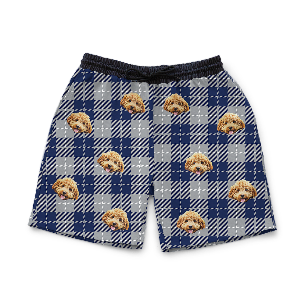Navy & Gray Plaid shorts with dog pattern on a white background