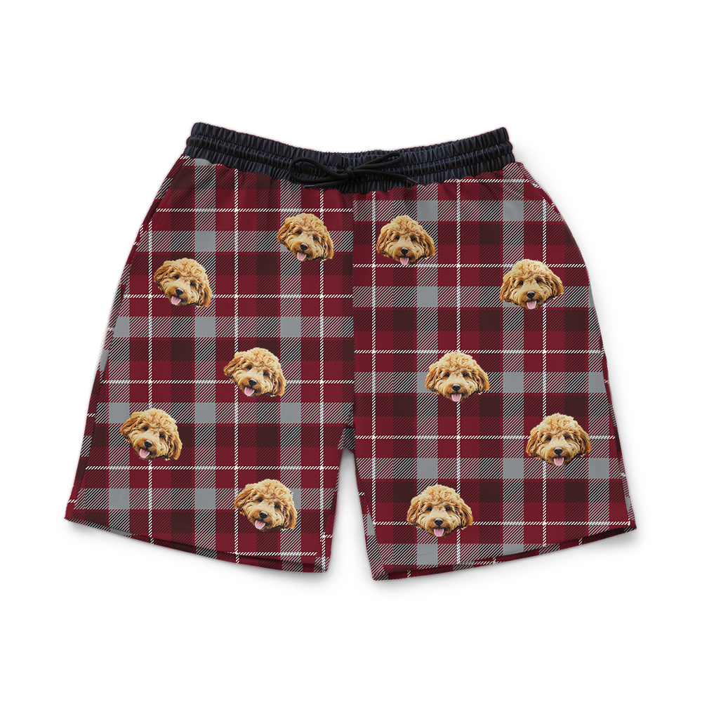 Red & Gray Plaid shorts with dog pattern on a white background