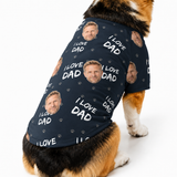 Corgi wearing a black custom dog shirt with “I Love Dad” text, paw prints, and a repeating face pattern.