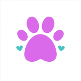 Pink paw print icon with four toe pads and main pad, with two cyan heart accents on transparent background