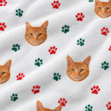 Close-up of the Christmas Paws print showing custom pet faces with red and green paw prints on a white fabric