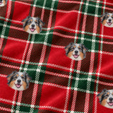 Close-up of the Christmas Plaid print showing custom pet faces on a red and green tartan plaid fabric