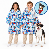 Two children and a dog wearing matching hooded blankets with a blue winter-themed cartoon print, shown against a white background with a circular inset showing the dog illustration.