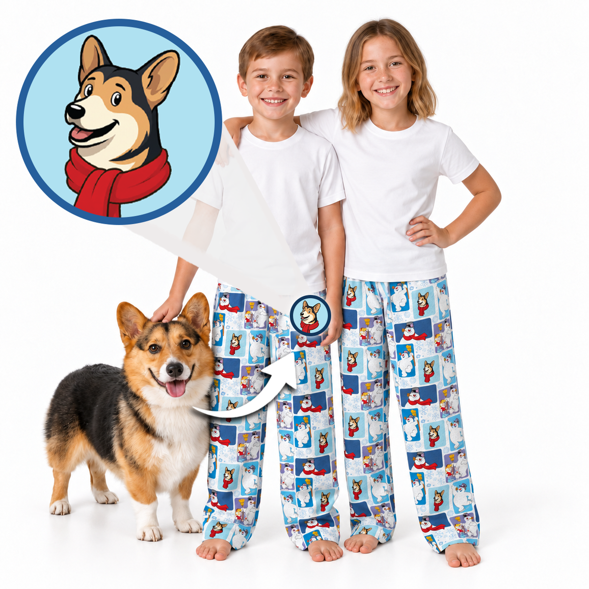 Two children wearing matching white t-shirts and blue patterned pajama pants with cartoon dog illustrations, standing barefoot on a white studio background next to a corgi. A circular inset shows a cartoon dog wearing a red scarf.