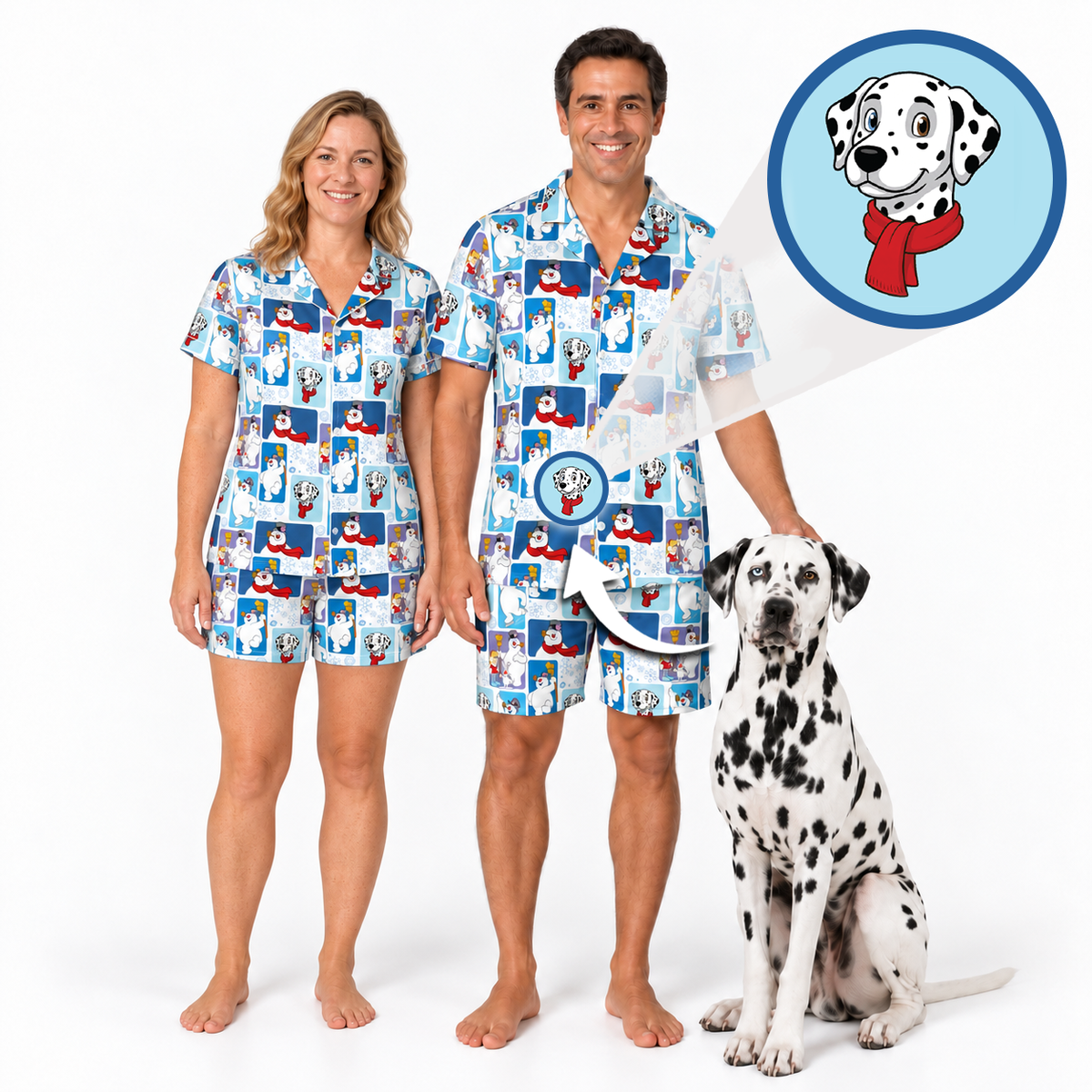 A man and a woman wearing matching blue and white Dalmatian-themed pajamas stand barefoot on a white studio background, with a Dalmatian dog beside them and a circular inset showing the printed dog motif.