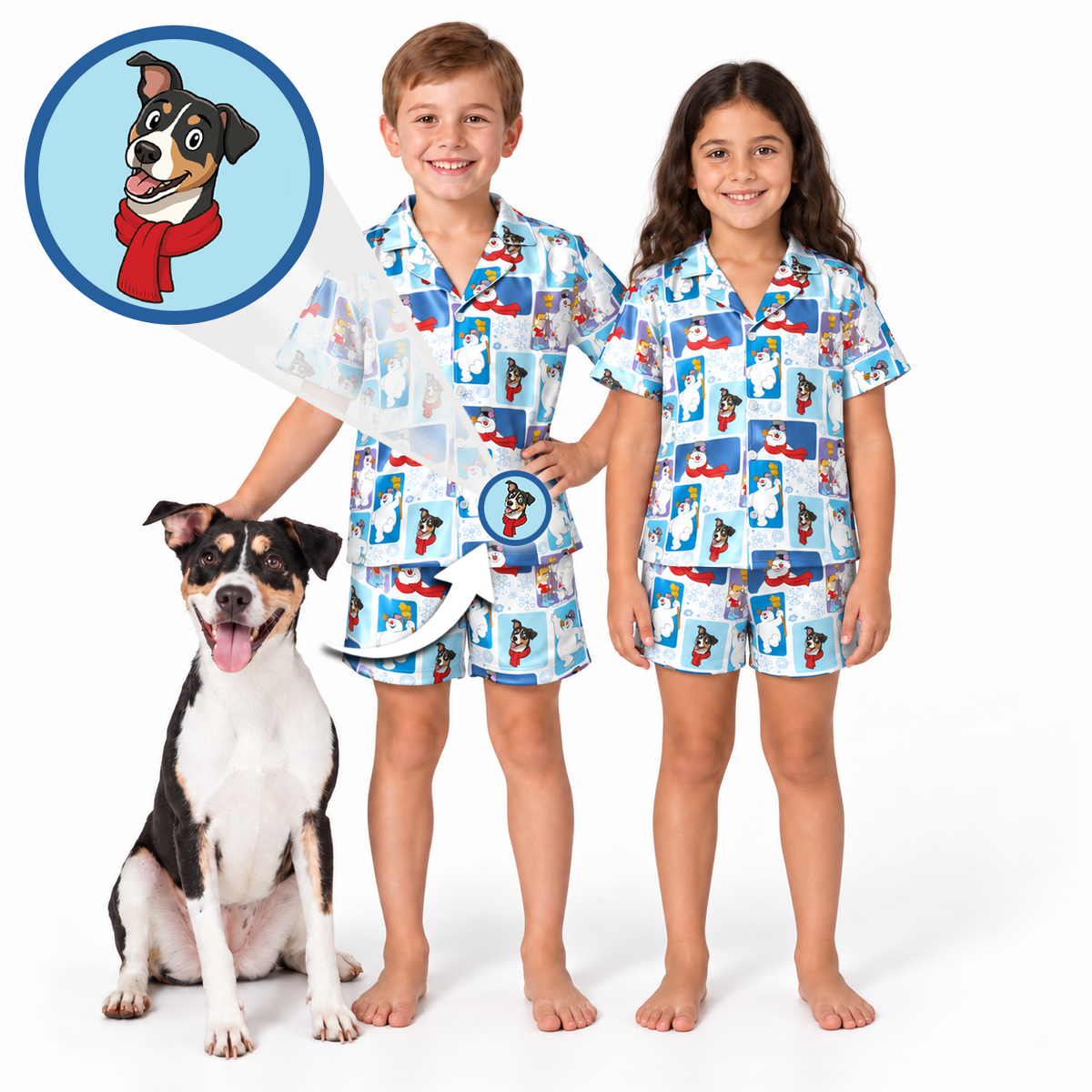Two children wearing matching blue and white cartoon dog pajama sets, standing barefoot on a white background next to a black and white dog. A circular inset shows a cartoon dog wearing a red scarf.