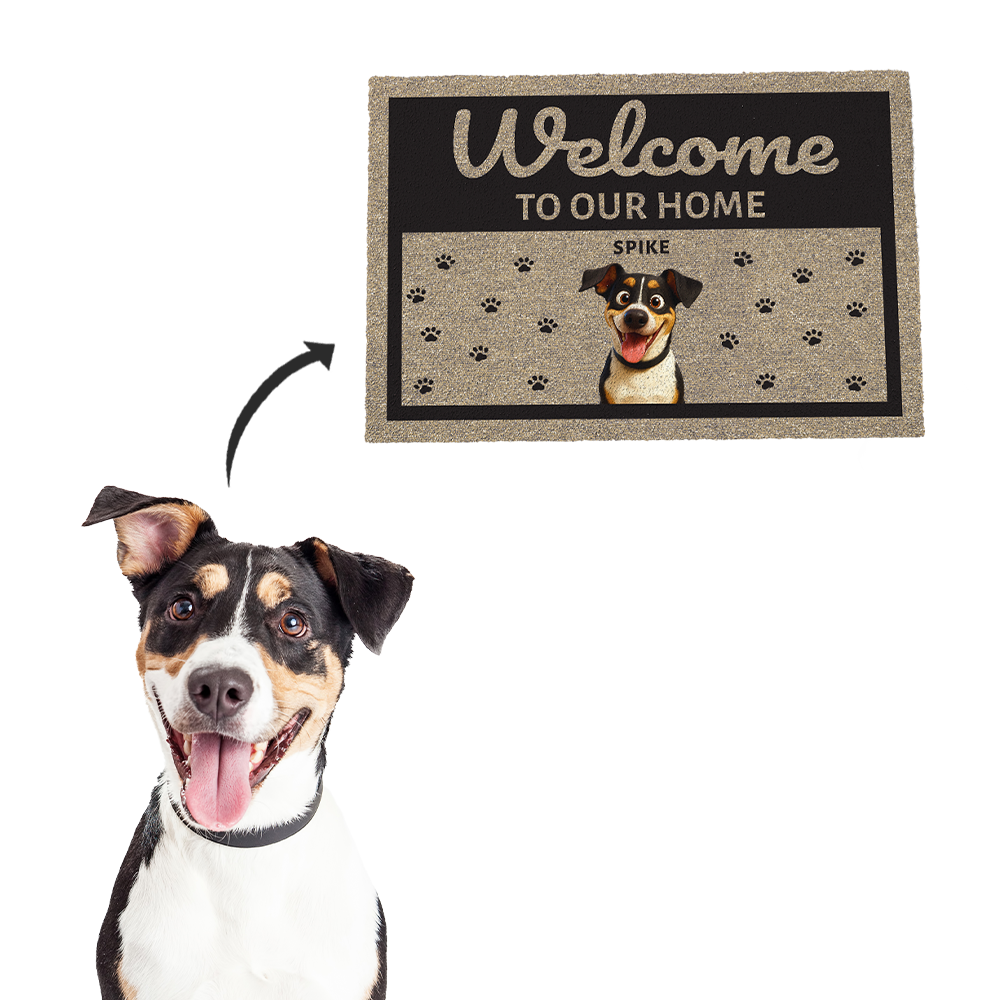 Personalized doormat with a dog's face and 'Welcome to our home' text, featuring the name 'Spike'.