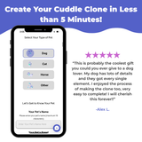Phone shows app & 5-star review. Title: 'Create Your Cuddle Clone in <5 Mins!'