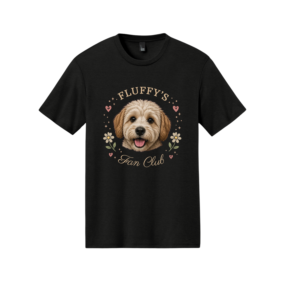 Black t-shirt with a dog graphic and 'Fluffy's Fan Club' text on a white background[BlackFloral]