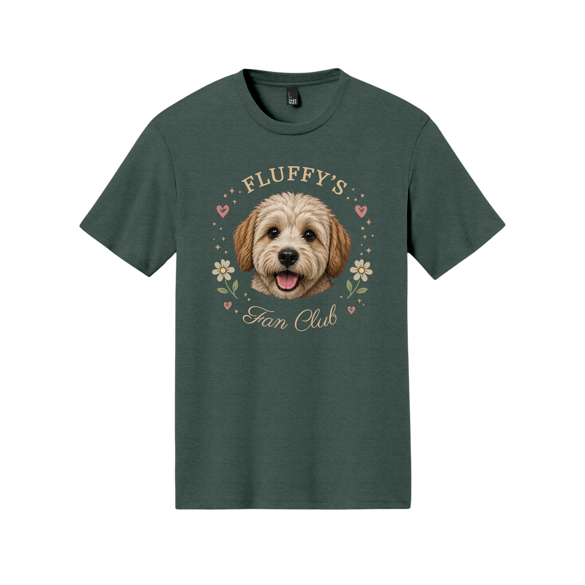 Green t-shirt with a dog illustration and 'Fluffy's Fan Club' text on a white background[HeatherGreenFloral]