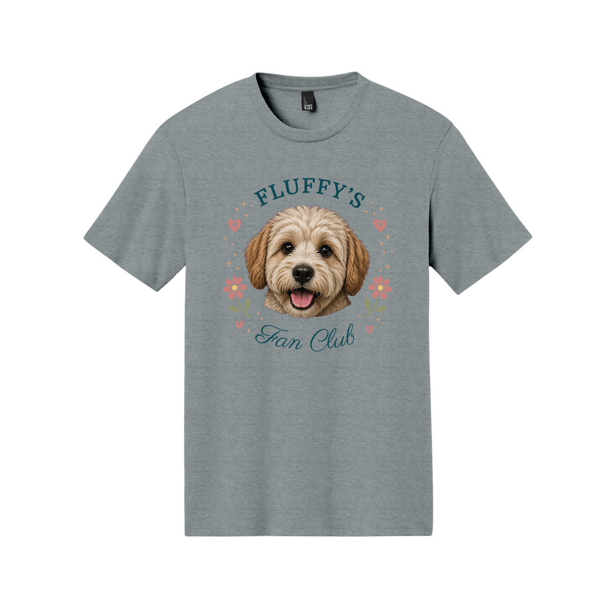 Gray t-shirt with a dog graphic and 'Fluffy's Fan Club' text on a white background[HeatherGrayFloral]