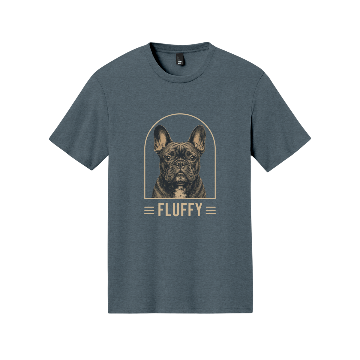 Blue t-shirt with a dog graphic and 'FLUFFY' text on a white background[HeatherNavyClassic]