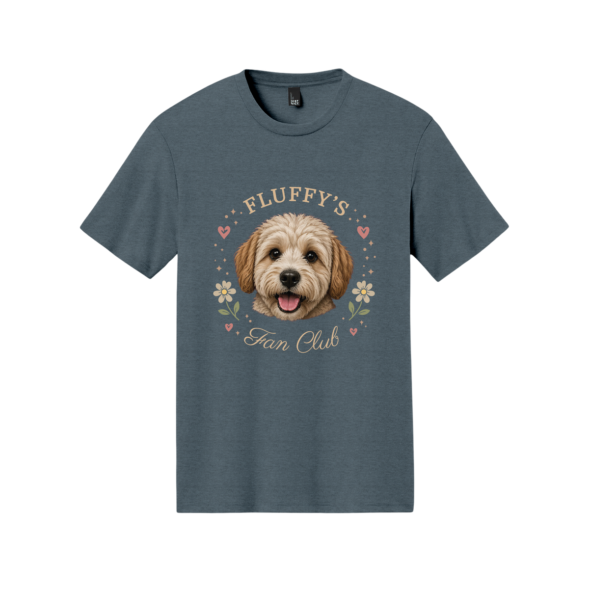 Blue t-shirt with a dog illustration and 'Fluffy's Fan Club' text on a white background[HeatherNavyFloral]
